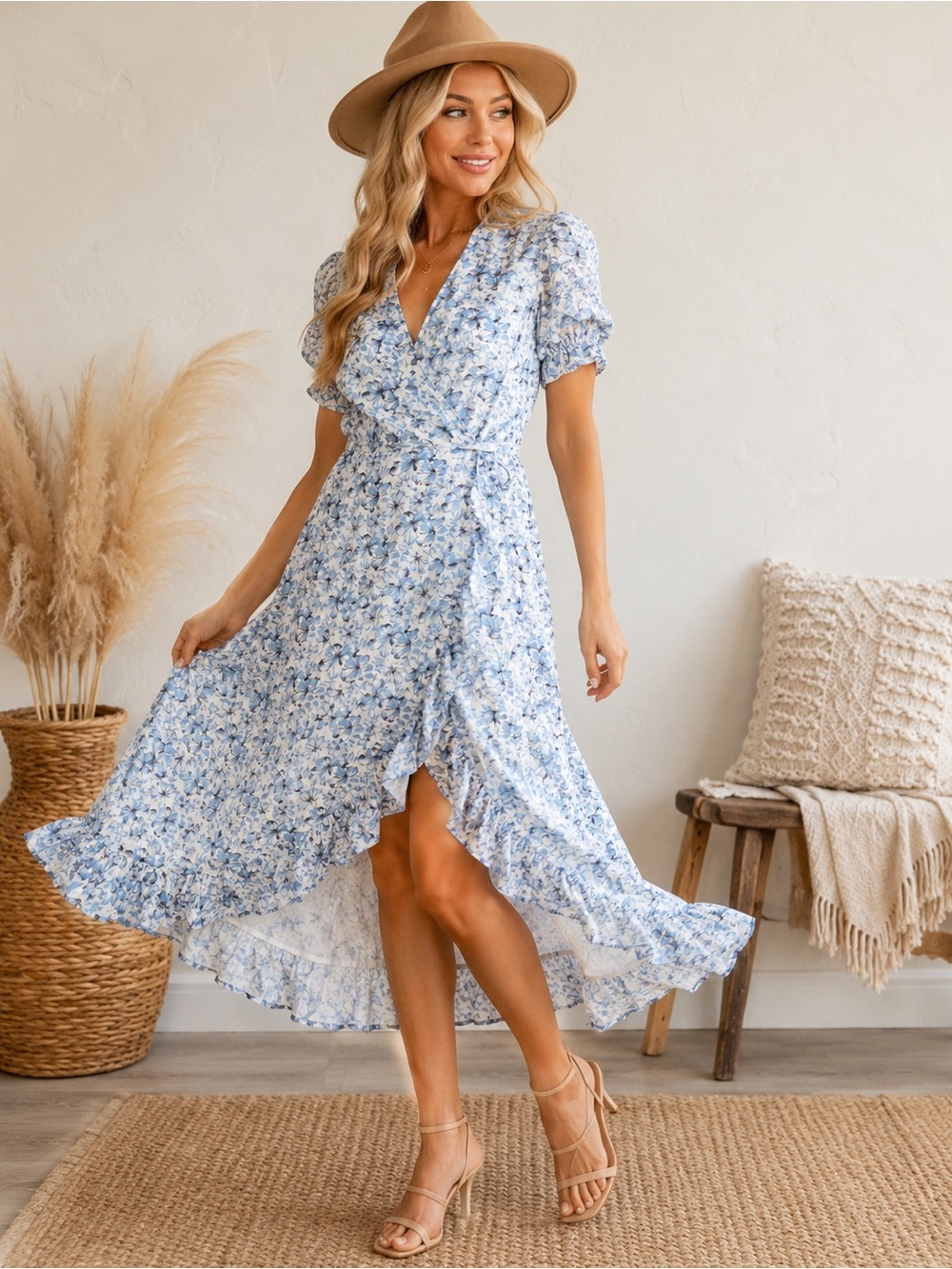 New BIBI ORIGINAL Sample Blue Floral Wrap Dress - Women's Small
